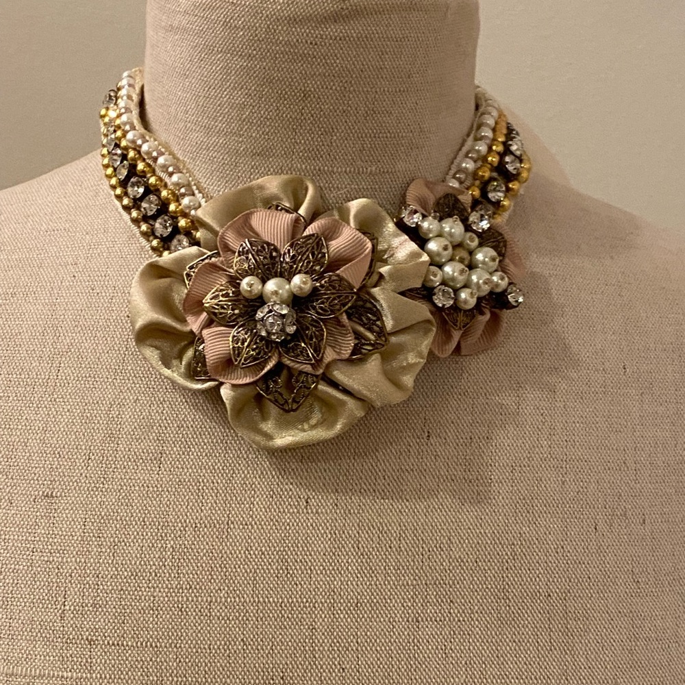 Floral Pearl and Gold Statement Necklace